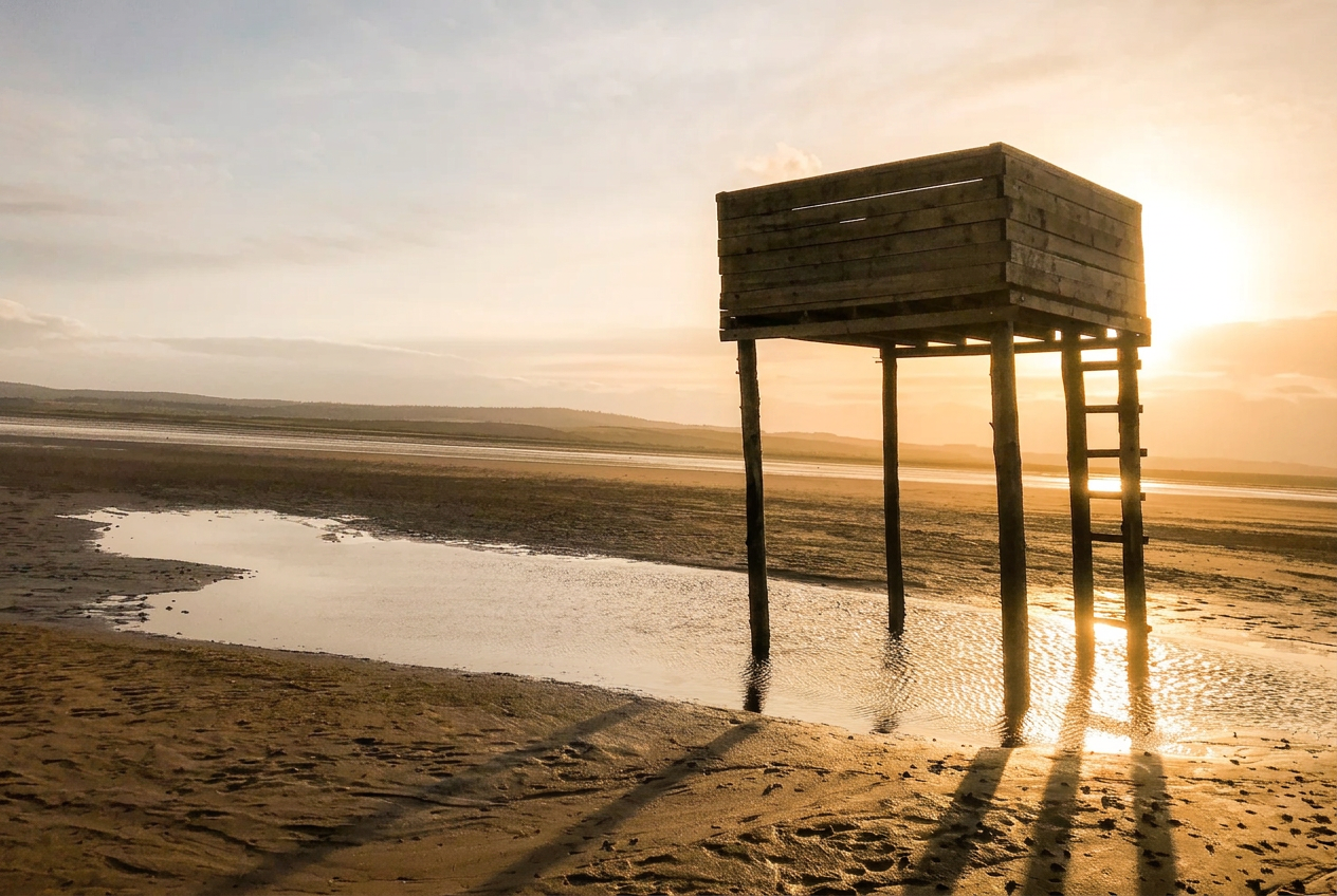 A pilgrims' refuge box on stilts standing on the tidal sands of the crossing to Holy Island at sunset